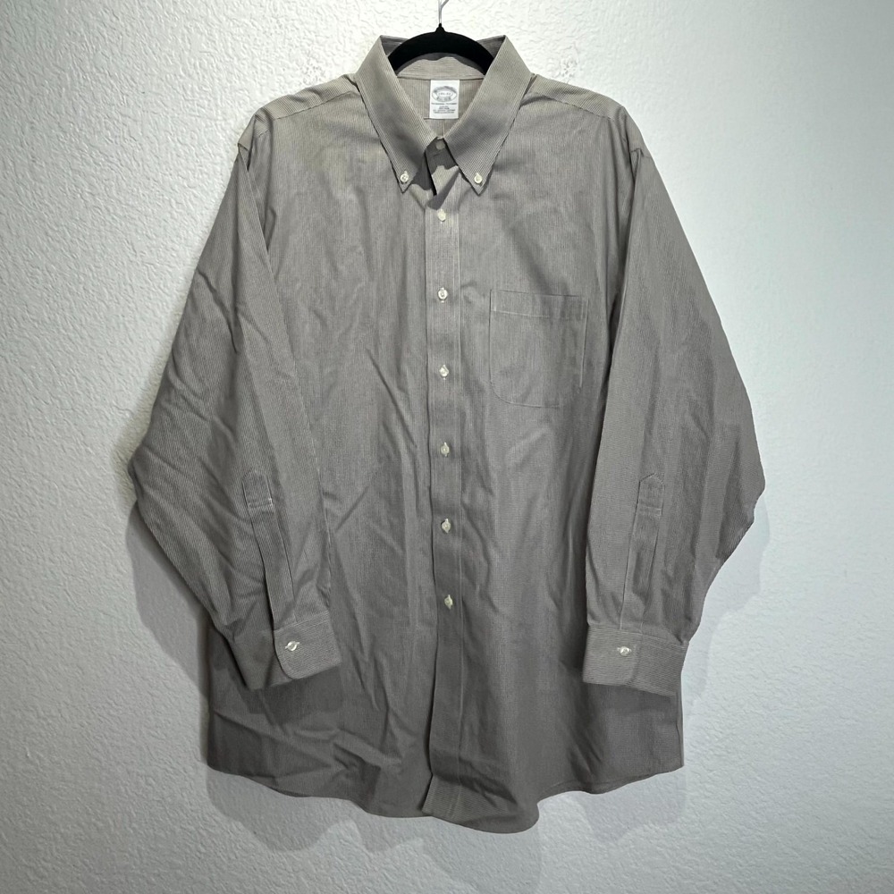 Brooks Brothers Dress Shirt Mens 17.5 White Black Check Cotton Slim Fit Pleated‎